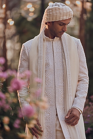 Ivory Raw Silk Dori Embroidered Sherwani Set by Seema Gujral Men