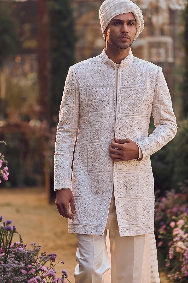 Ivory Raw Silk Dori Embroidered Groom Sherwani Set by Seema Gujral Men at Pernia's Pop Up Shop