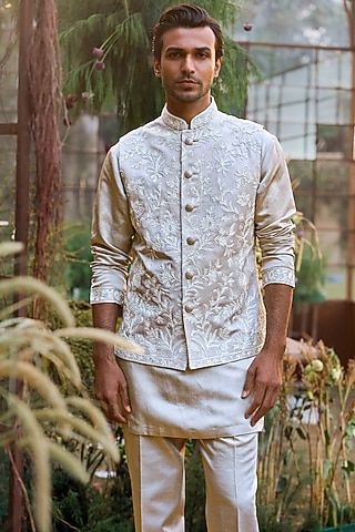 Nude Linen Satin Pearl Embroidered Bundi Jacket Set by Seema Gujral Men