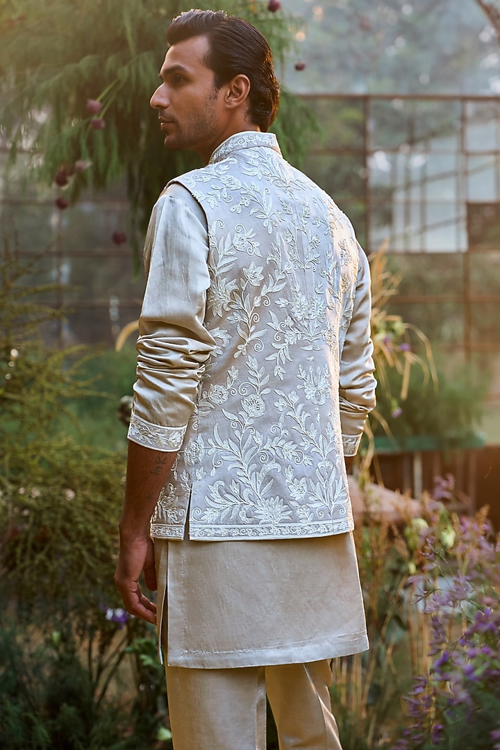 Nude Linen Satin Pearl Embroidered Bundi Jacket Set by Seema Gujral Men at Pernia's Pop Up Shop