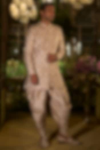 Rose Champagne Raw Silk Sequin Embroidered Groom Sherwani Set by Seema Gujral Men at Pernia's Pop Up Shop