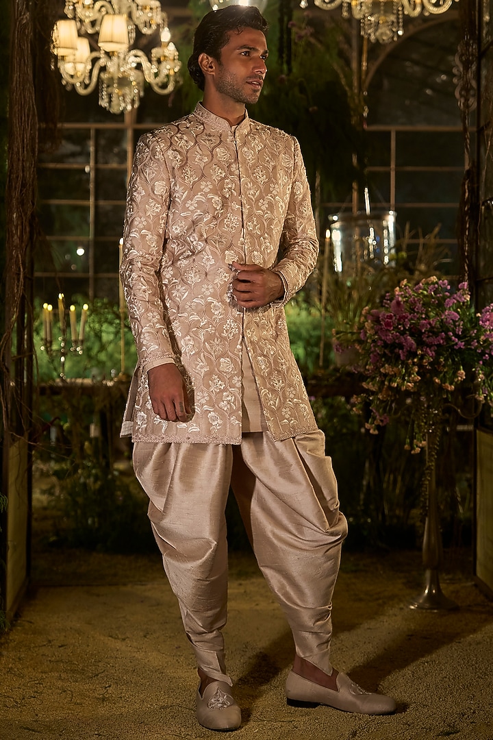 Rose Champagne Raw Silk Sequin Embroidered Groom Sherwani Set by Seema Gujral Men at Pernia's Pop Up Shop