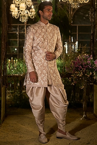 Rose Champagne Raw Silk Sequin Embroidered Sherwani Set by Seema Gujral Men