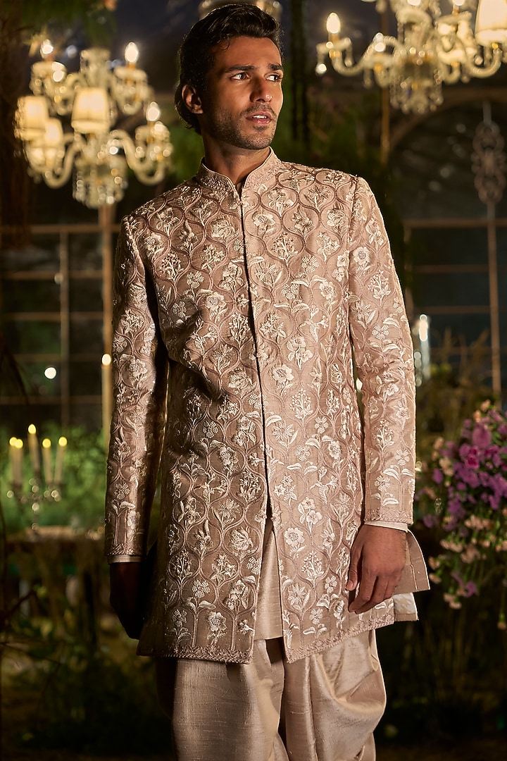 Rose Champagne Raw Silk Sequin Embroidered Groom Sherwani Set by Seema Gujral Men at Pernia's Pop Up Shop