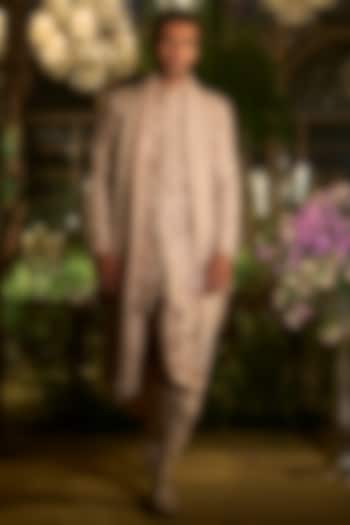 Rose Champagne Raw Silk Sequin Embroidered Groom Sherwani Set by Seema Gujral Men at Pernia's Pop Up Shop