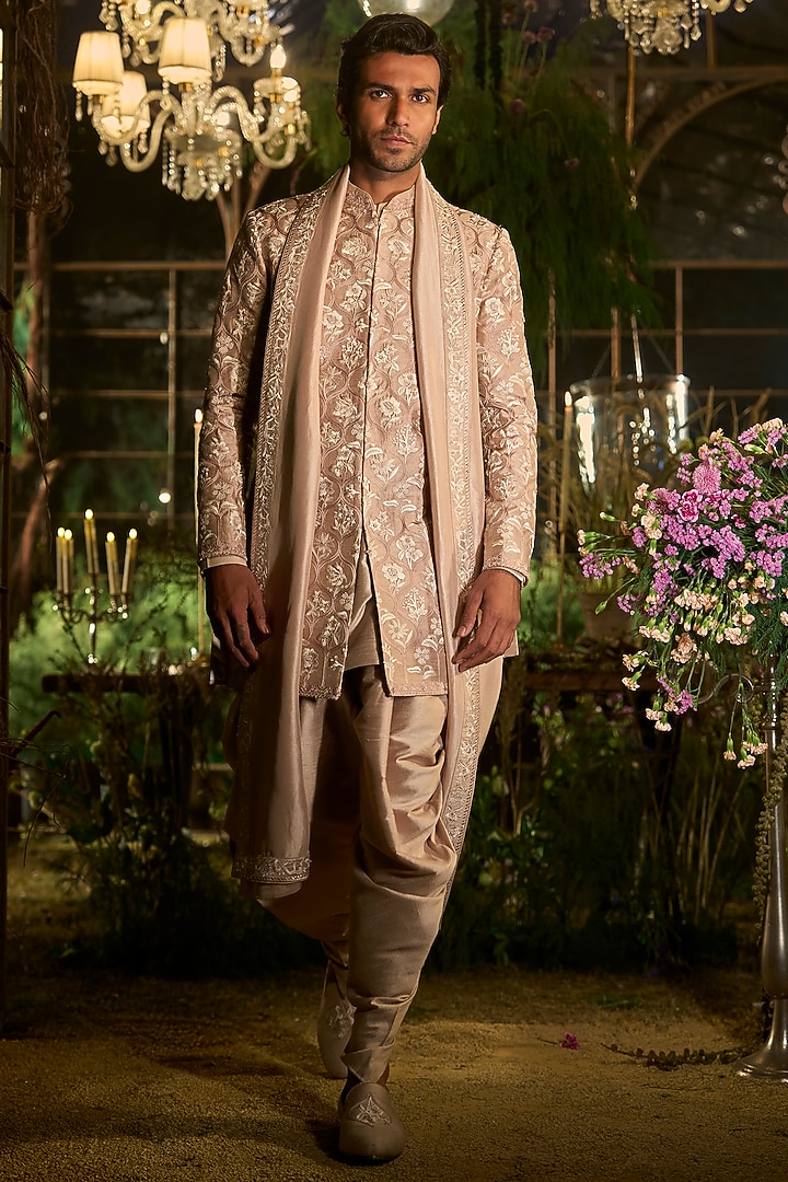 Rose Champagne Raw Silk Sequin Embroidered Groom Sherwani Set by Seema Gujral Men at Pernia's Pop Up Shop