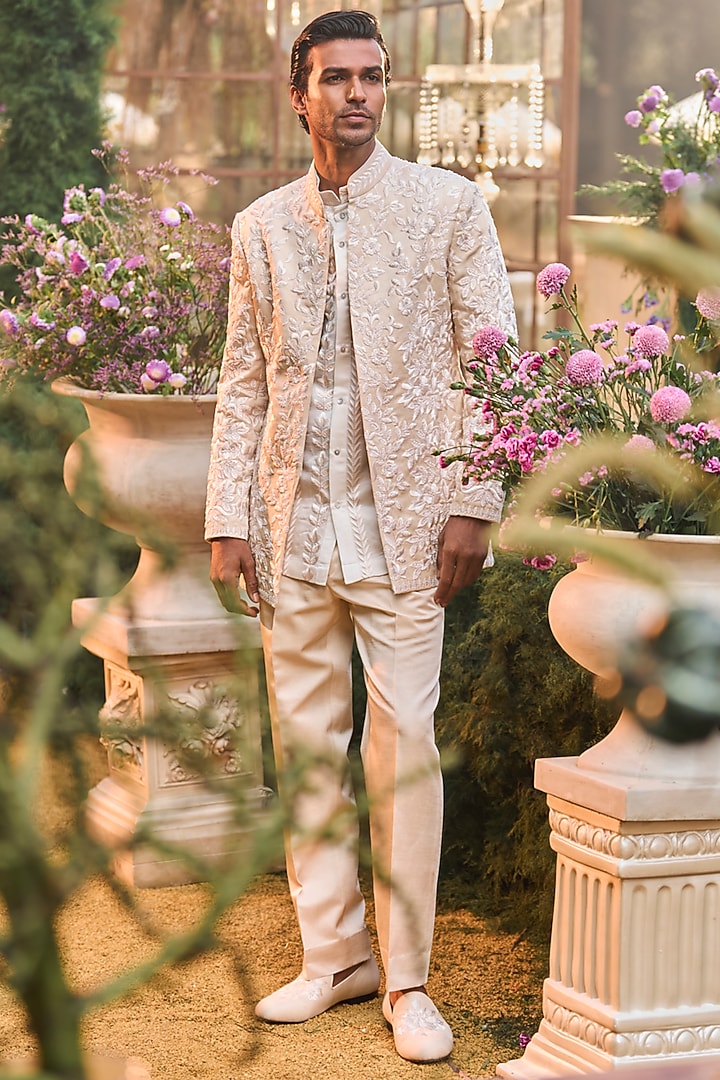 Powder Peach Linen Satin Bead Embroidered Groom Bandhgala Set by Seema Gujral Men at Pernia's Pop Up Shop