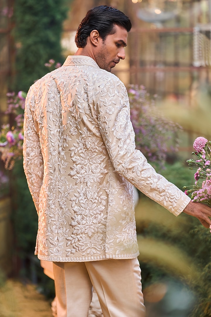 Powder Peach Linen Satin Bead Embroidered Groom Bandhgala Set by Seema Gujral Men at Pernia's Pop Up Shop