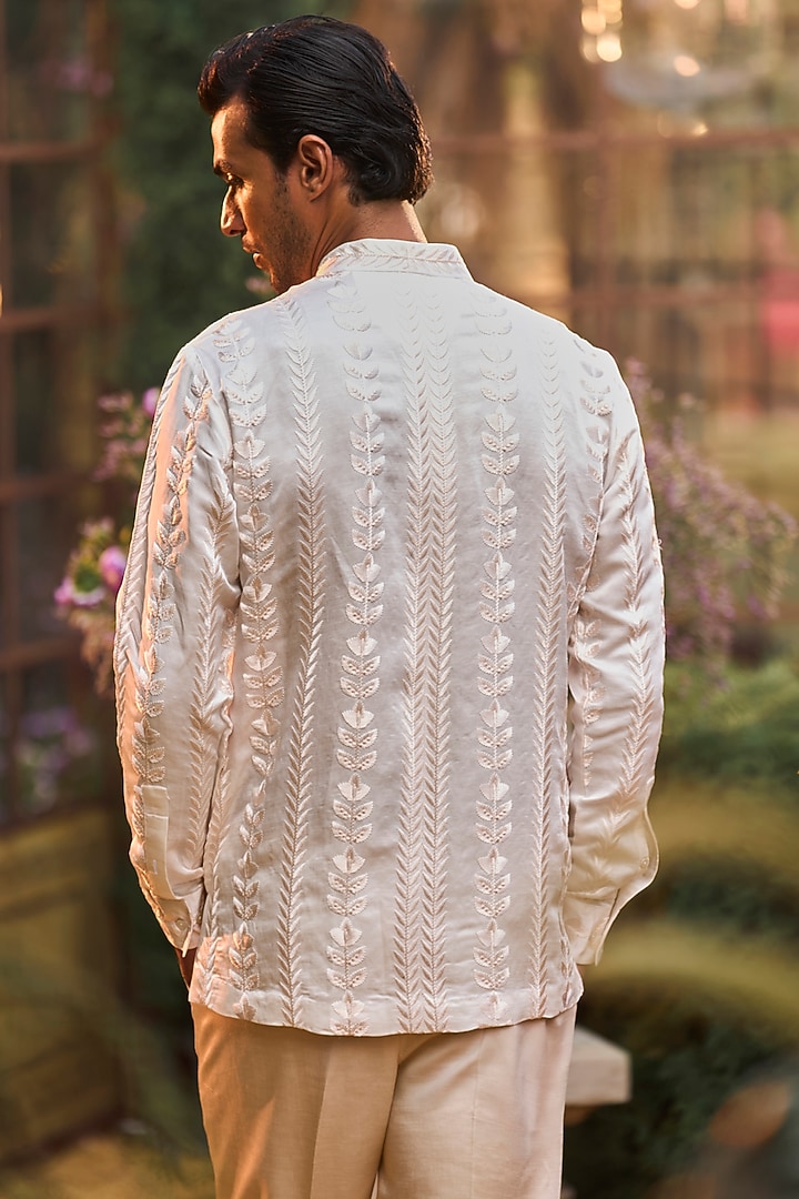 Powder Peach Linen Satin Bead Embroidered Groom Bandhgala Set by Seema Gujral Men at Pernia's Pop Up Shop