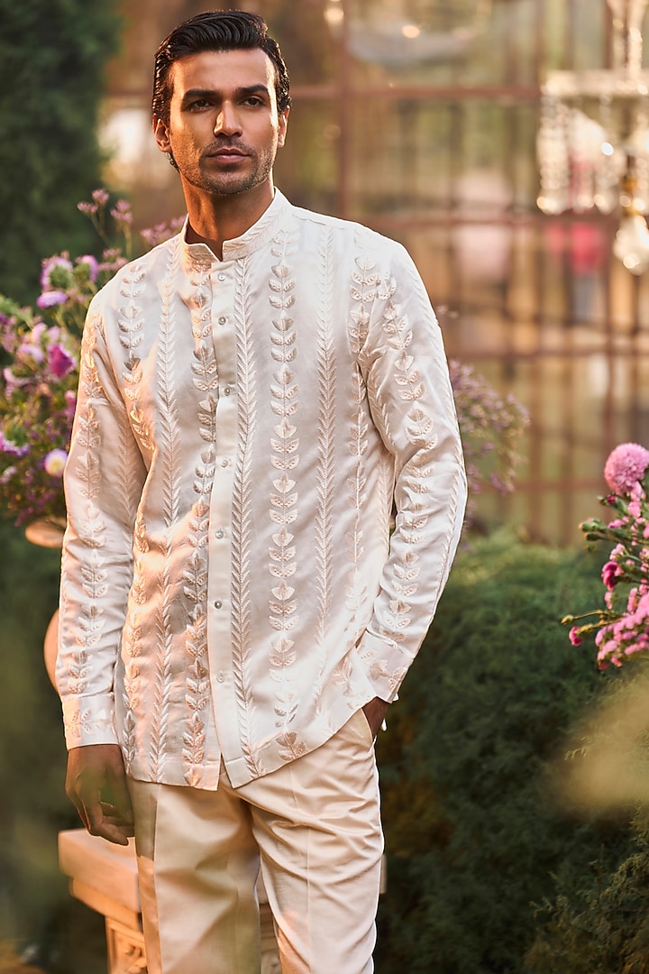 Powder Peach Linen Satin Bead Embroidered Groom Bandhgala Set by Seema Gujral Men at Pernia's Pop Up Shop