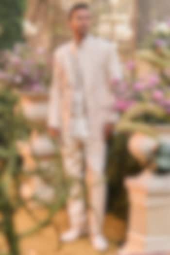 Powder Peach Linen Satin Bead Embroidered Groom Bandhgala Set by Seema Gujral Men at Pernia's Pop Up Shop