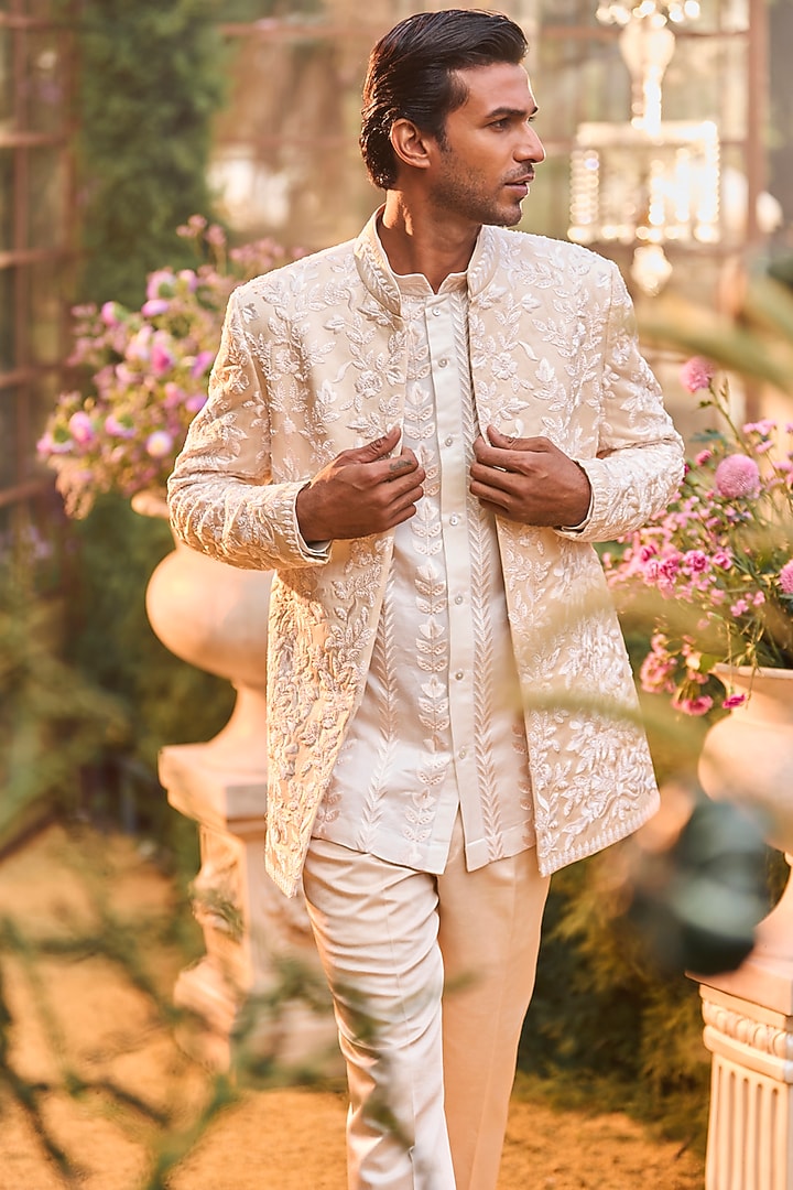 Powder Peach Linen Satin Bead Embroidered Groom Bandhgala Set by Seema Gujral Men at Pernia's Pop Up Shop