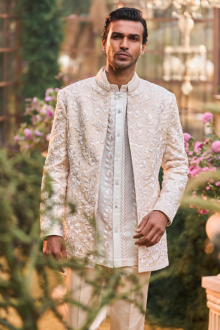 Powder Peach Linen Satin Bead Embroidered Groom Bandhgala Set by Seema Gujral Men at Pernia's Pop Up Shop