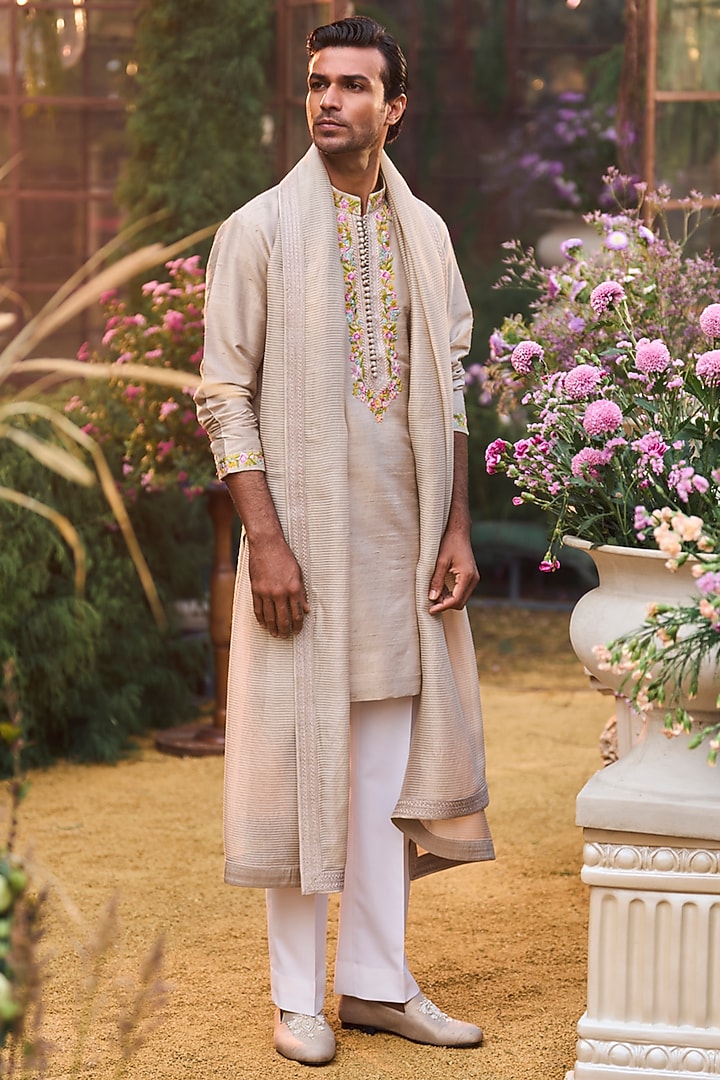 Nude Raw Silk Sequins Embroidered Kurta Set by Seema Gujral Men at Pernia's Pop Up Shop