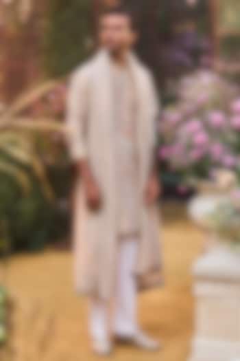 Nude Raw Silk Sequins Embroidered Kurta Set by Seema Gujral Men at Pernia's Pop Up Shop