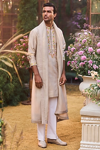 Nude Raw Silk Sequins Embroidered Kurta Set by Seema Gujral Men