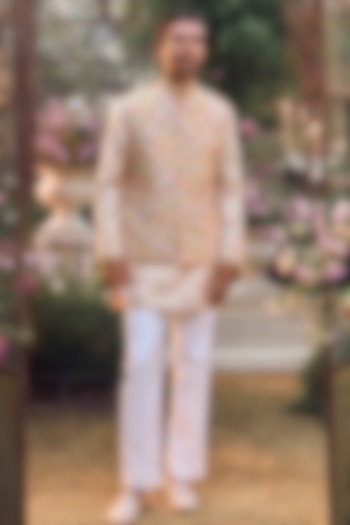 Multi-Colored Linen Satin Thread Embroidered Bundi Jacket Set by Seema Gujral Men at Pernia's Pop Up Shop