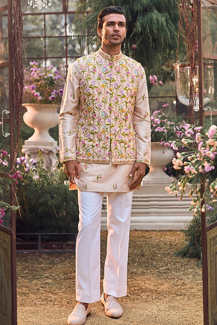 Multi-Colored Linen Satin Thread Embroidered Bundi Jacket Set by Seema Gujral Men at Pernia's Pop Up Shop