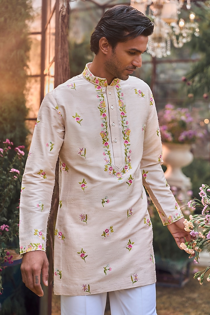 Multi-Colored Linen Satin Thread Embroidered Bundi Jacket Set by Seema Gujral Men at Pernia's Pop Up Shop