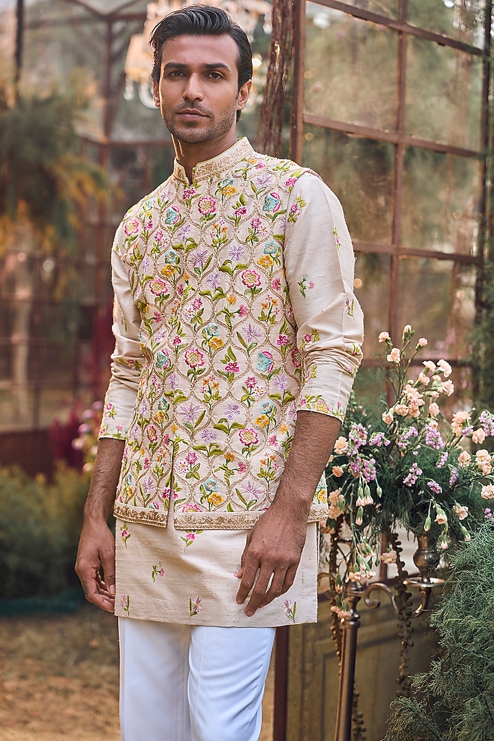 Multi-Colored Linen Satin Thread Embroidered Bundi Jacket Set by Seema Gujral Men at Pernia's Pop Up Shop