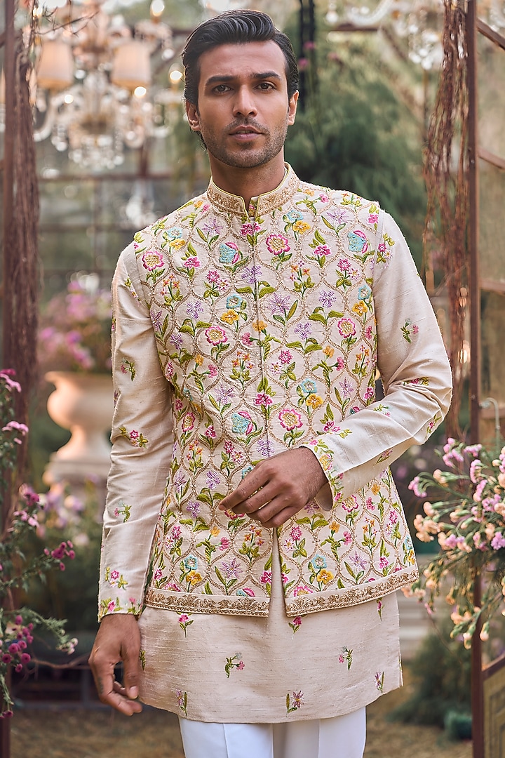 Multi-Colored Linen Satin Thread Embroidered Bundi Jacket Set by Seema Gujral Men at Pernia's Pop Up Shop