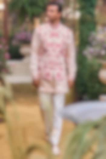 Multi-Colored Raw Silk Thread Embroidered Bundi Jacket Set by Seema Gujral Men at Pernia's Pop Up Shop