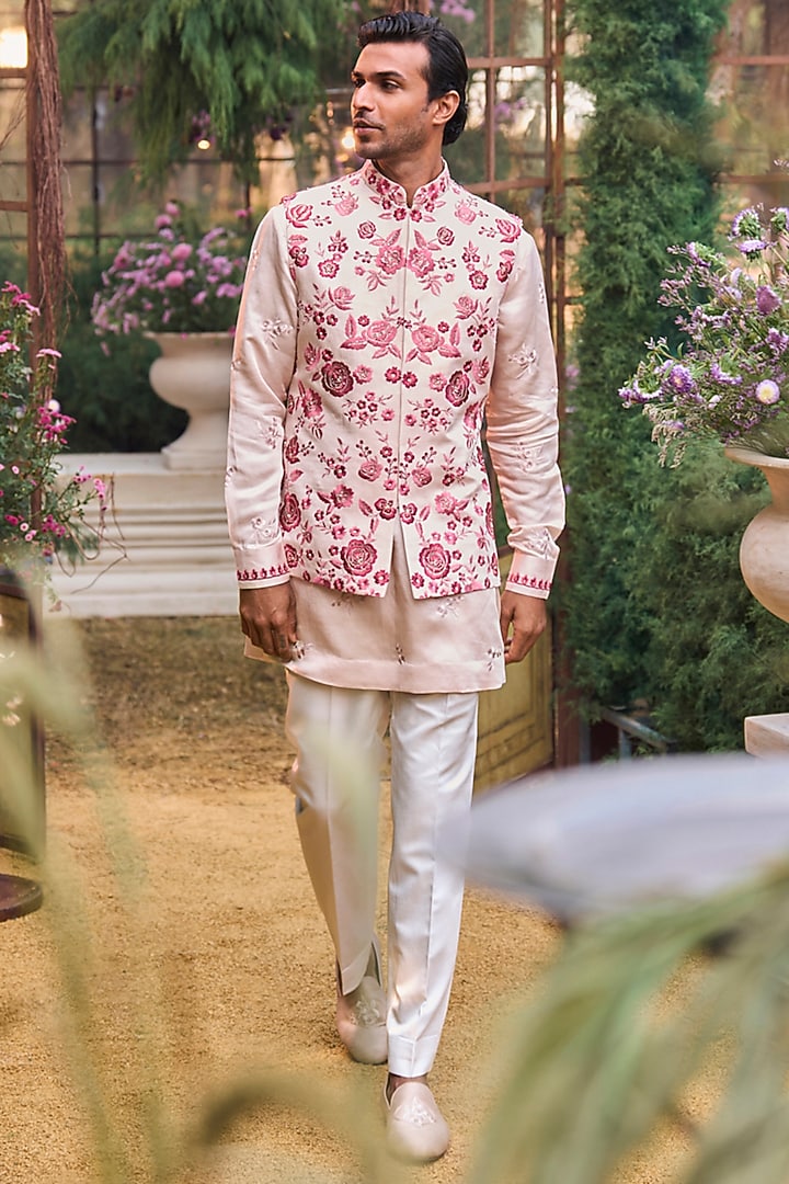 Multi-Colored Raw Silk Thread Embroidered Bundi Jacket Set by Seema Gujral Men at Pernia's Pop Up Shop