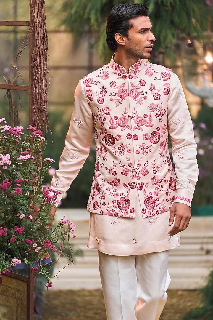 Multi-Colored Raw Silk Thread Embroidered Bundi Jacket Set by Seema Gujral Men at Pernia's Pop Up Shop