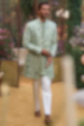 Emerald Raw Silk Sequins Embroidered Bundi Jacket Set by Seema Gujral Men at Pernia's Pop Up Shop