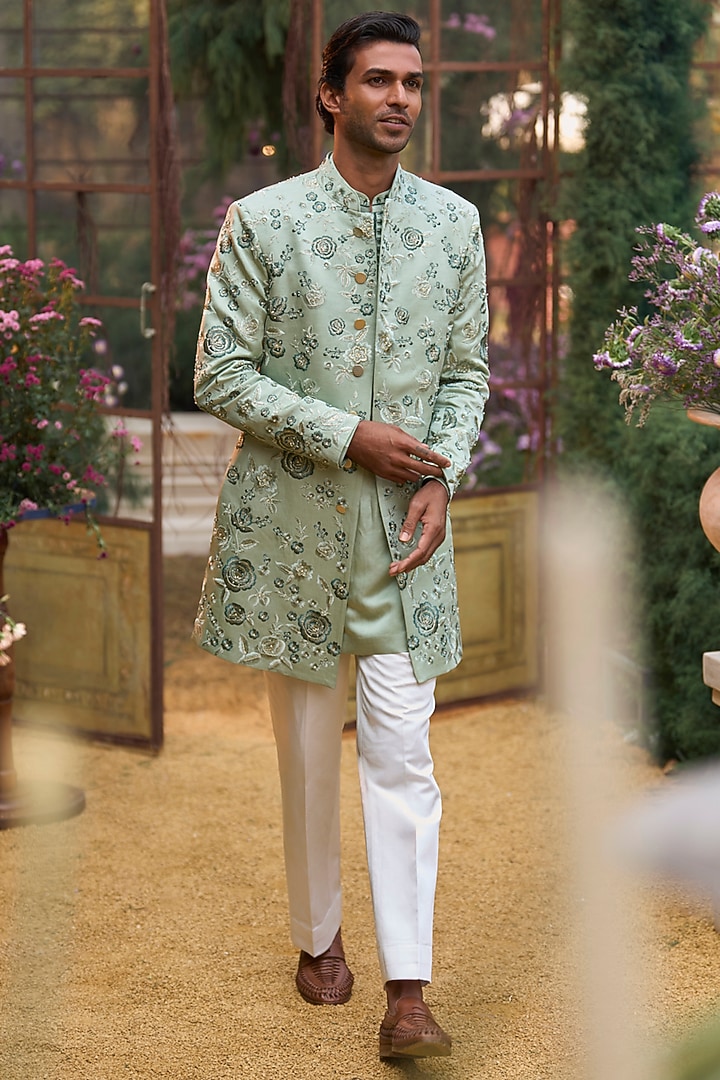 Emerald Raw Silk Sequins Embroidered Bundi Jacket Set by Seema Gujral Men at Pernia's Pop Up Shop