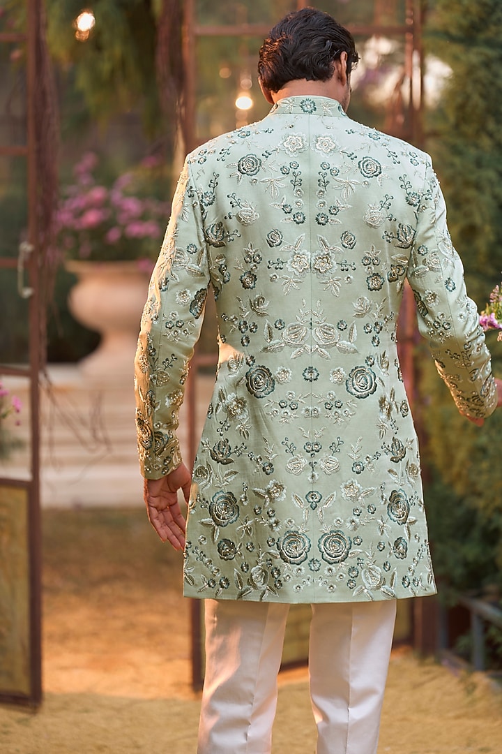 Emerald Raw Silk Sequins Embroidered Bundi Jacket Set by Seema Gujral Men at Pernia's Pop Up Shop