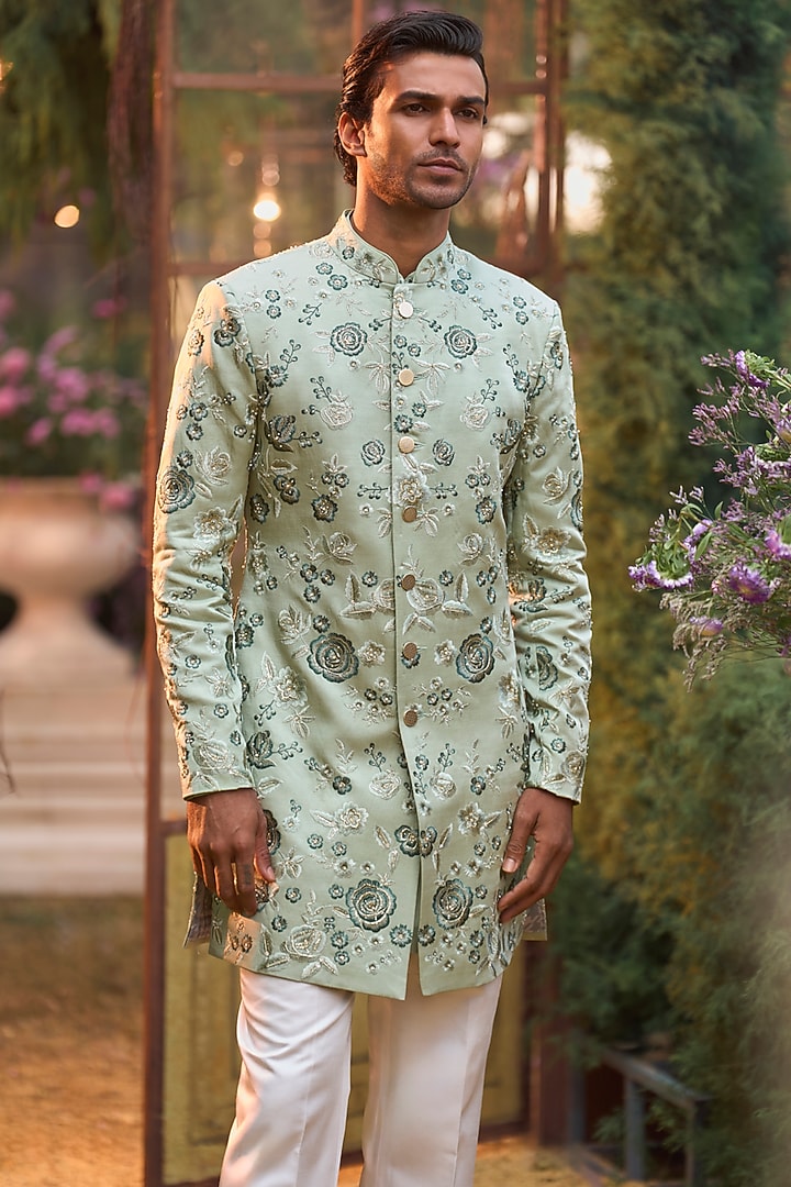 Emerald Raw Silk Sequins Embroidered Bundi Jacket Set by Seema Gujral Men at Pernia's Pop Up Shop