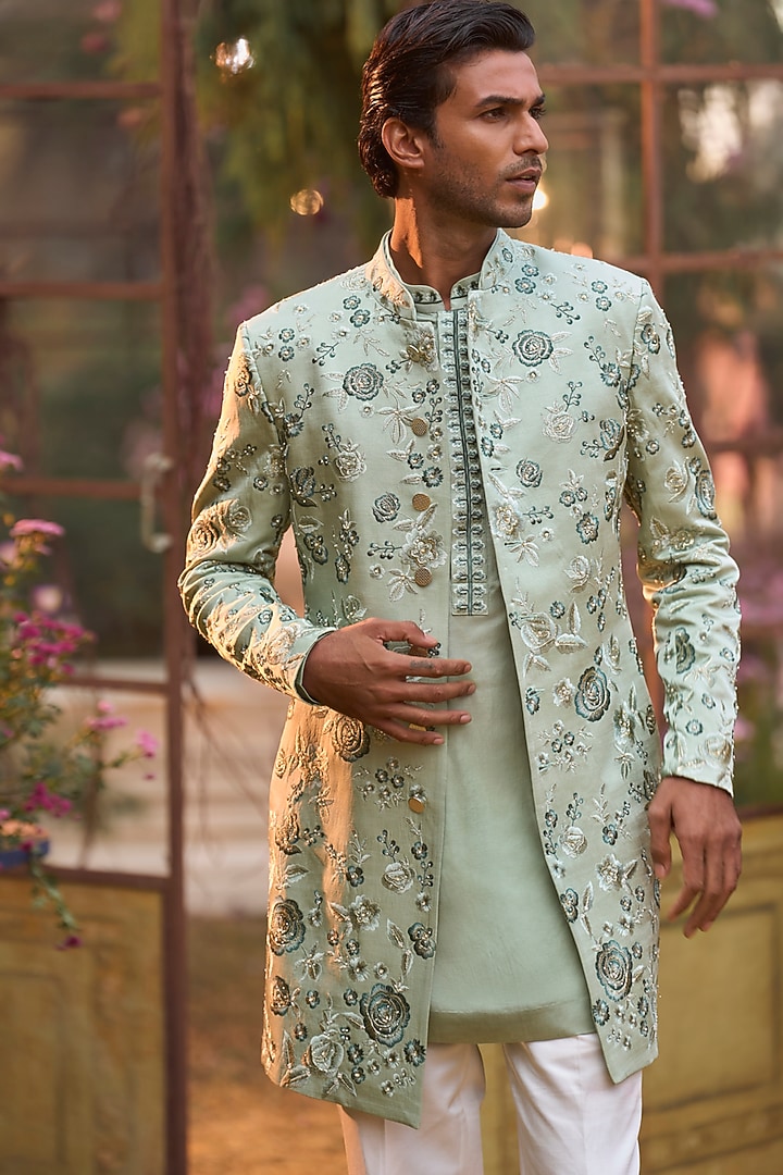 Emerald Raw Silk Sequins Embroidered Bundi Jacket Set by Seema Gujral Men at Pernia's Pop Up Shop