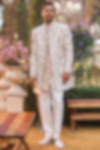 Nude Raw Silk Dori Embroidered Groom Sherwani Set by Seema Gujral Men at Pernia's Pop Up Shop