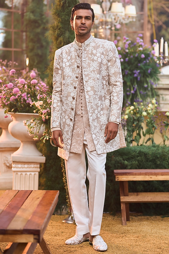 Nude Raw Silk Dori Embroidered Groom Sherwani Set by Seema Gujral Men at Pernia's Pop Up Shop