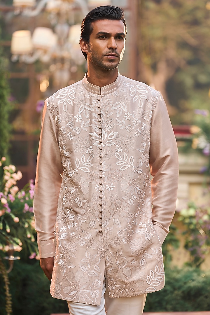 Nude Raw Silk Dori Embroidered Groom Sherwani Set by Seema Gujral Men at Pernia's Pop Up Shop