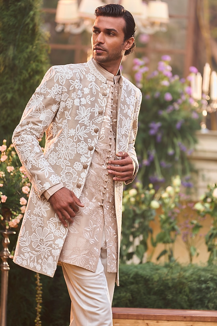 Nude Raw Silk Dori Embroidered Groom Sherwani Set by Seema Gujral Men at Pernia's Pop Up Shop