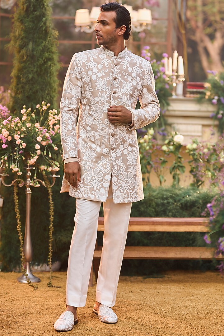 Nude Raw Silk Dori Embroidered Groom Sherwani Set by Seema Gujral Men at Pernia's Pop Up Shop