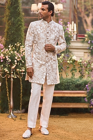 Nude Raw Silk Dori Embroidered Sherwani Set by Seema Gujral Men