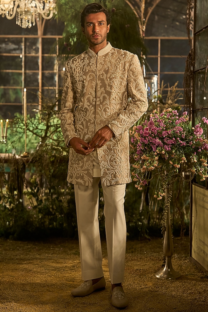 Pearl Champagne Raw Silk Pearl Embroidered Groom Sherwani Set by Seema Gujral Men at Pernia's Pop Up Shop