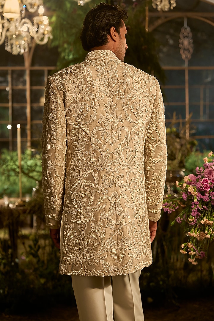 Pearl Champagne Raw Silk Pearl Embroidered Groom Sherwani Set by Seema Gujral Men at Pernia's Pop Up Shop