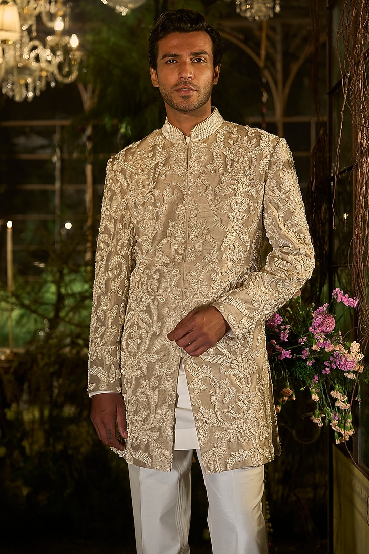 Pearl Champagne Raw Silk Pearl Embroidered Groom Sherwani Set by Seema Gujral Men at Pernia's Pop Up Shop