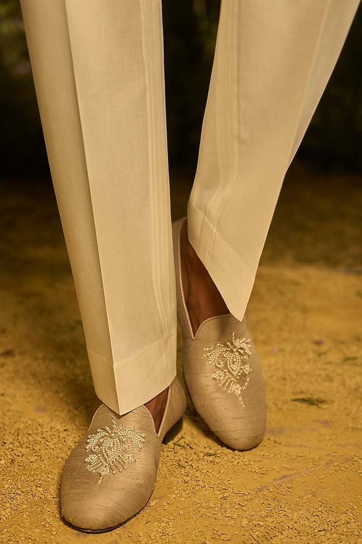 Pearl Champagne Raw Silk Pearl Embroidered Groom Sherwani Set by Seema Gujral Men at Pernia's Pop Up Shop
