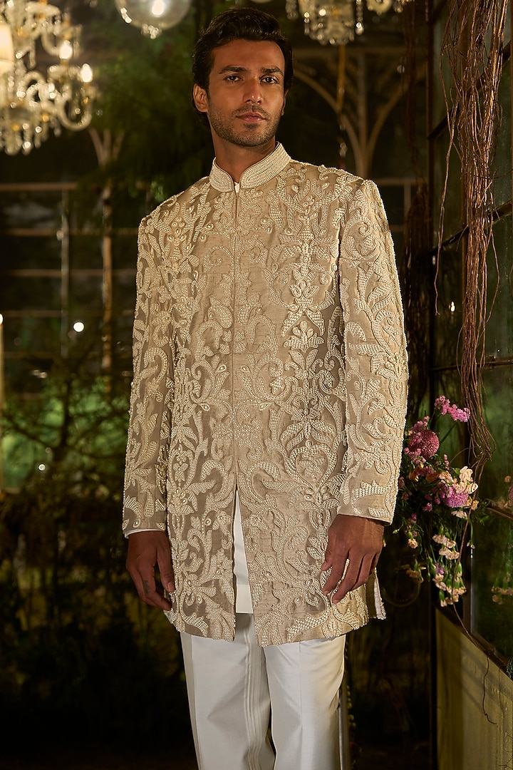 Pearl Champagne Raw Silk Pearl Embroidered Groom Sherwani Set by Seema Gujral Men at Pernia's Pop Up Shop