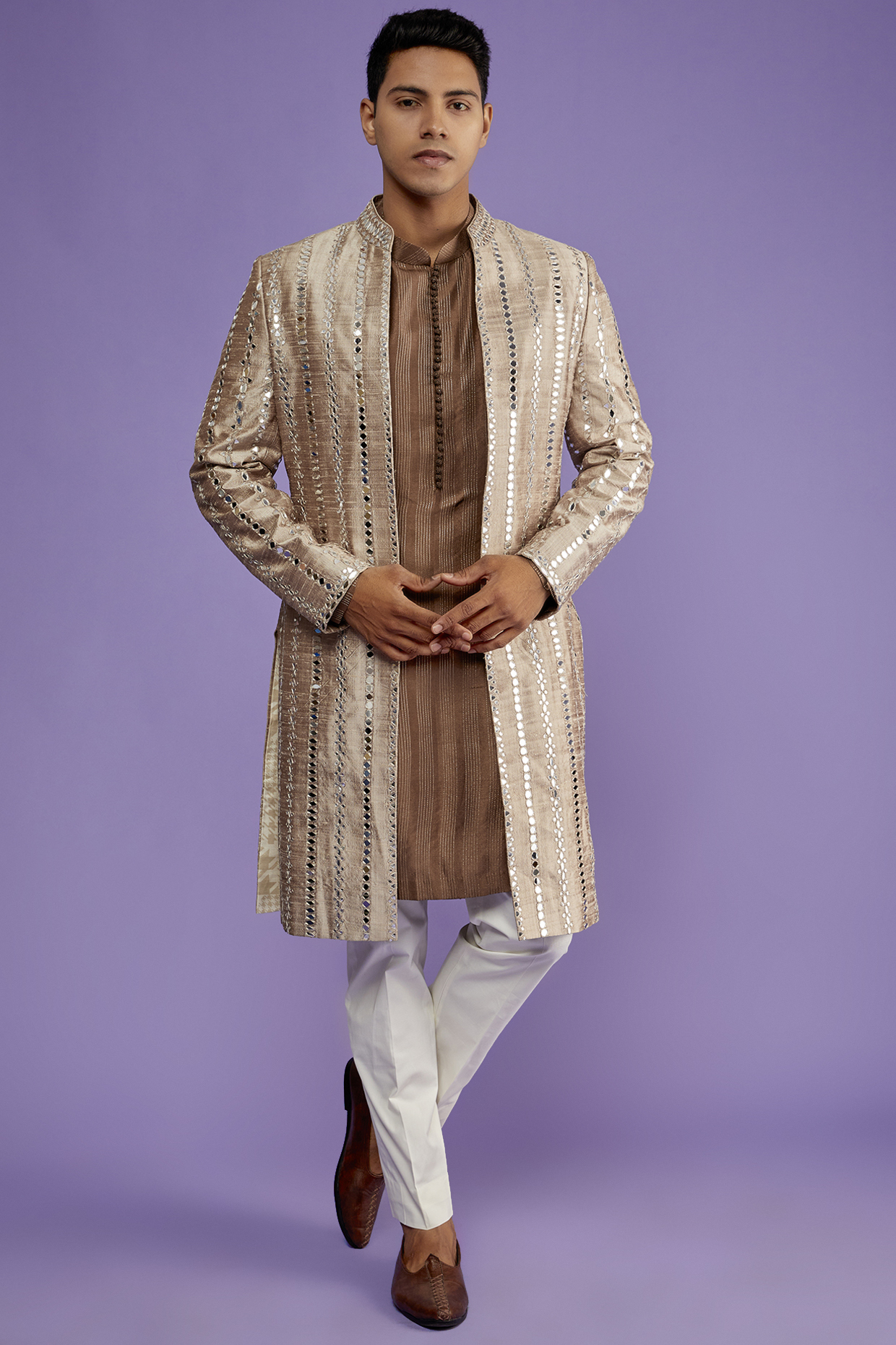 Beige Raw Silk Embroidered Indowestern Set by Seema Gujral Men