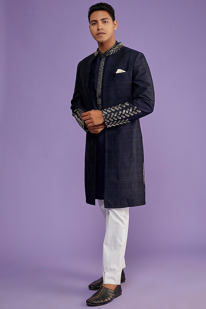 Midnight Blue Raw Silk Embroidered Indowestern Set by Seema Gujral Men at Pernia's Pop Up Shop