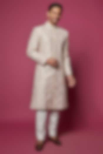 Baby Pink Tussar Silk Embroidered Sherwani Set by Seema Gujral Men