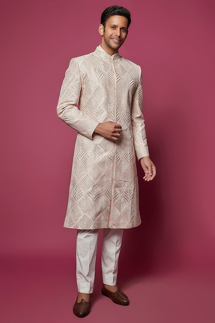 Baby Pink Tussar Silk Embroidered Sherwani Set by Seema Gujral Men