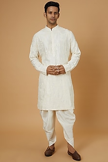 White Silk Embroidered Kurta Set by Seema Gujral Men-POPULAR PRODUCTS AT STORE