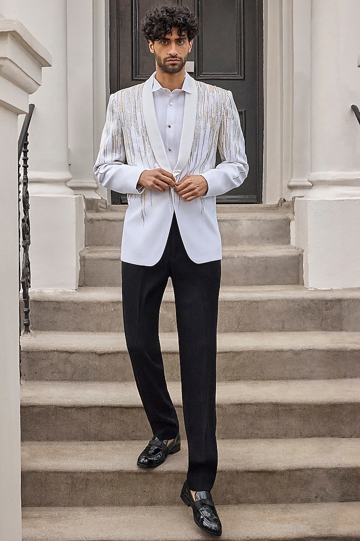 Ivory Satin Silver & Gold Embroidered Tuxedo Set by Seema Gujral Men
